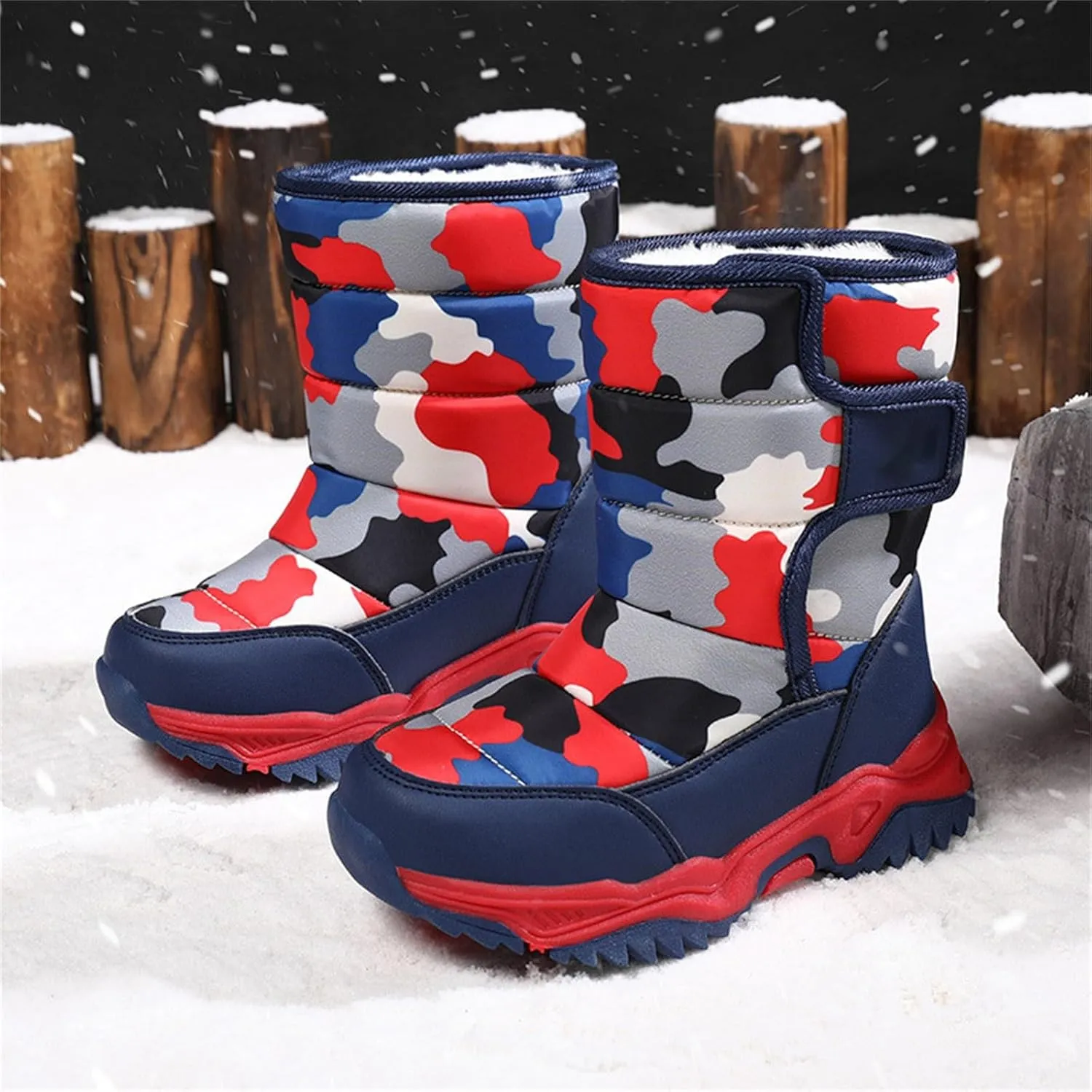 Camouflage Thickened Warm Cotton Boots for Kids Unisex Mid Calf Non Slip Faux  Lined Cozy Winter Snow Shoes