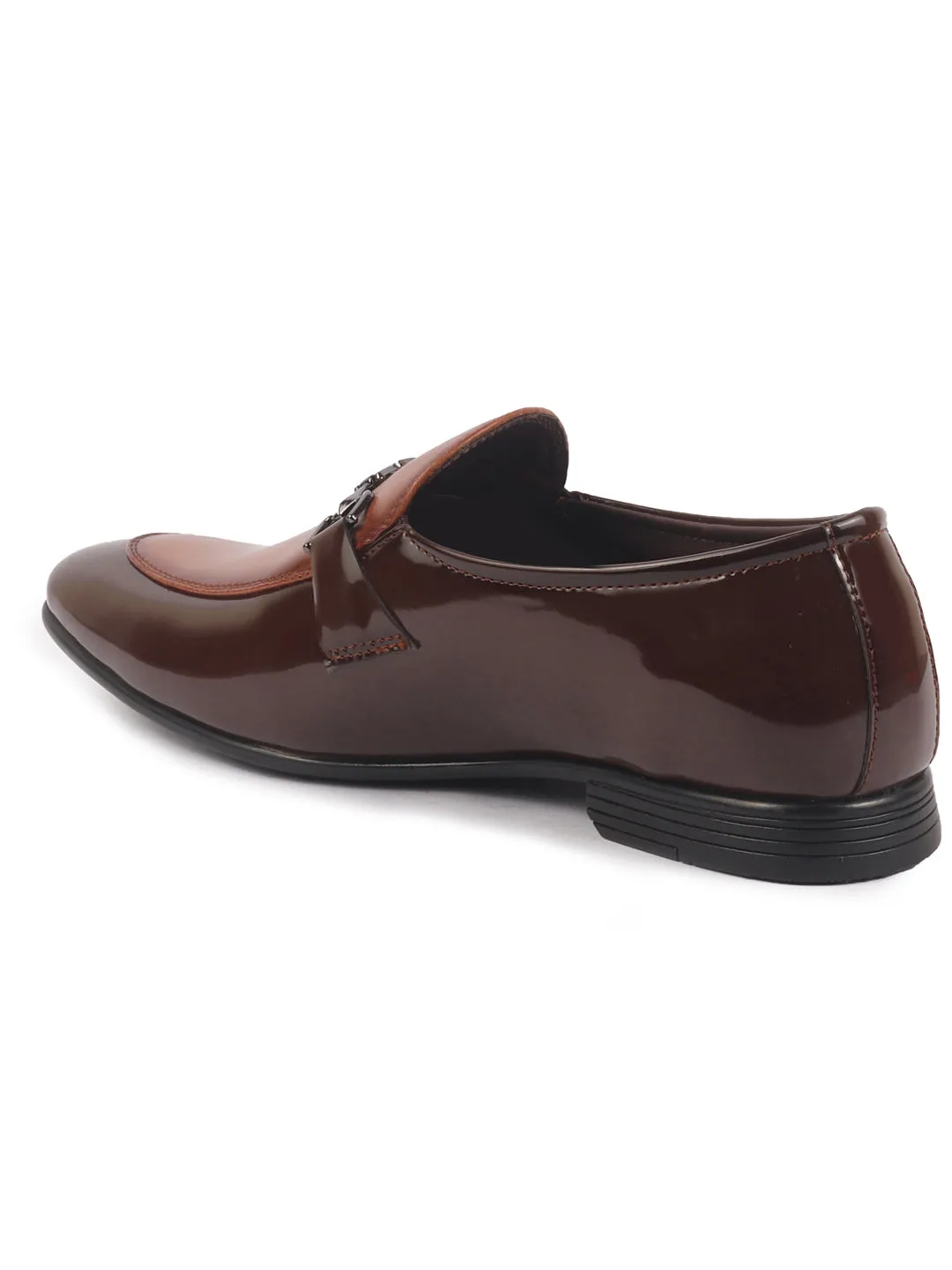 Men Brown Patent Leather Horsebit Buckle Party Formal Slip On Shoes|Tuxedo Slip On Shoe with Comfort