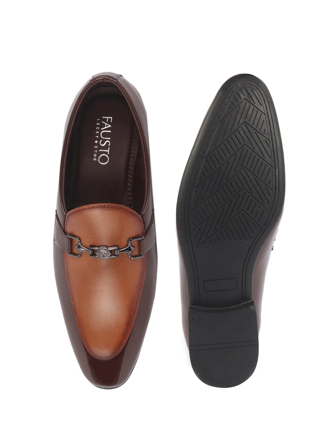 Men Brown Patent Leather Horsebit Buckle Party Formal Slip On Shoes|Tuxedo Slip On Shoe with Comfort