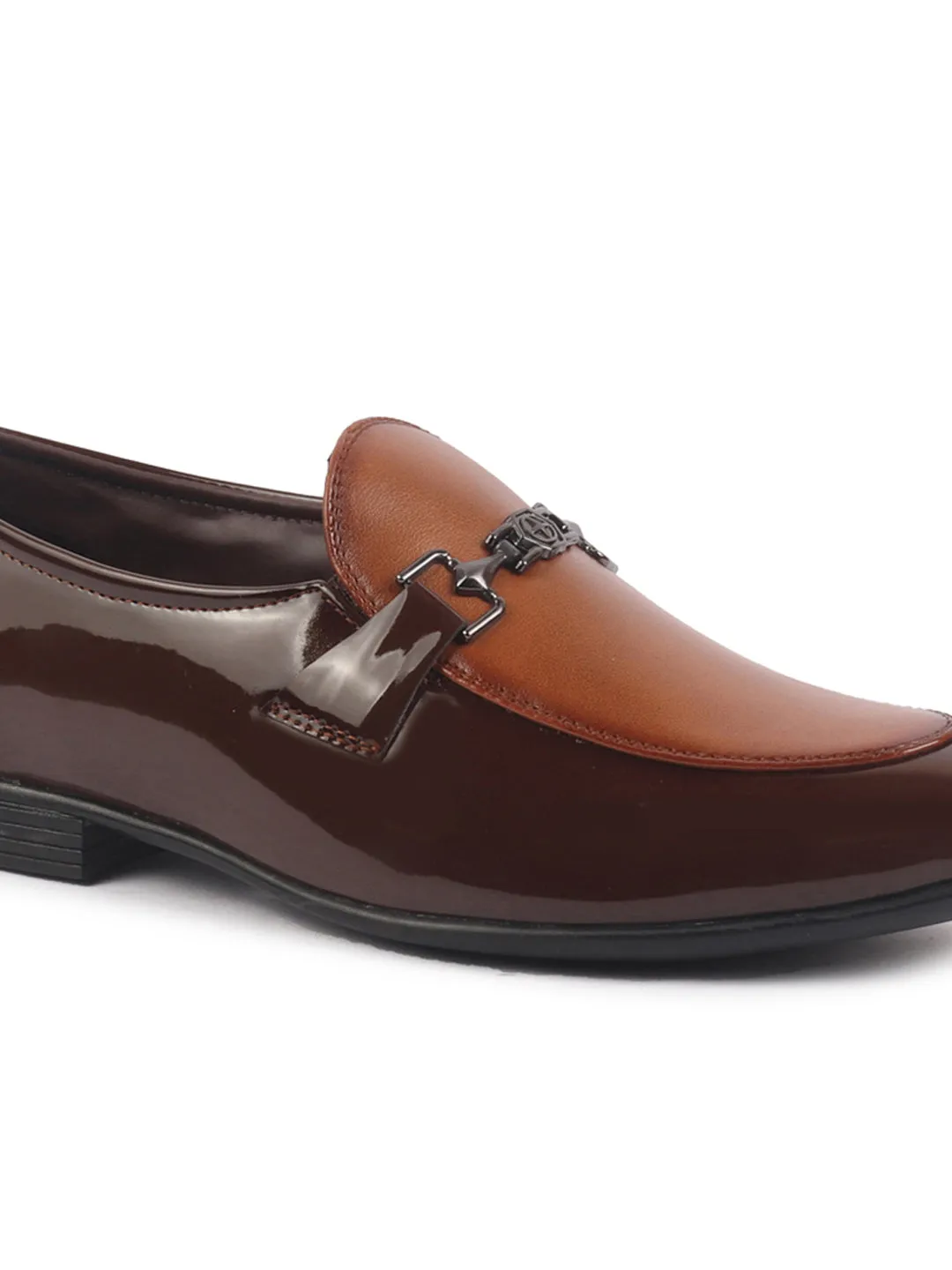 Men Brown Patent Leather Horsebit Buckle Party Formal Slip On Shoes|Tuxedo Slip On Shoe with Comfort