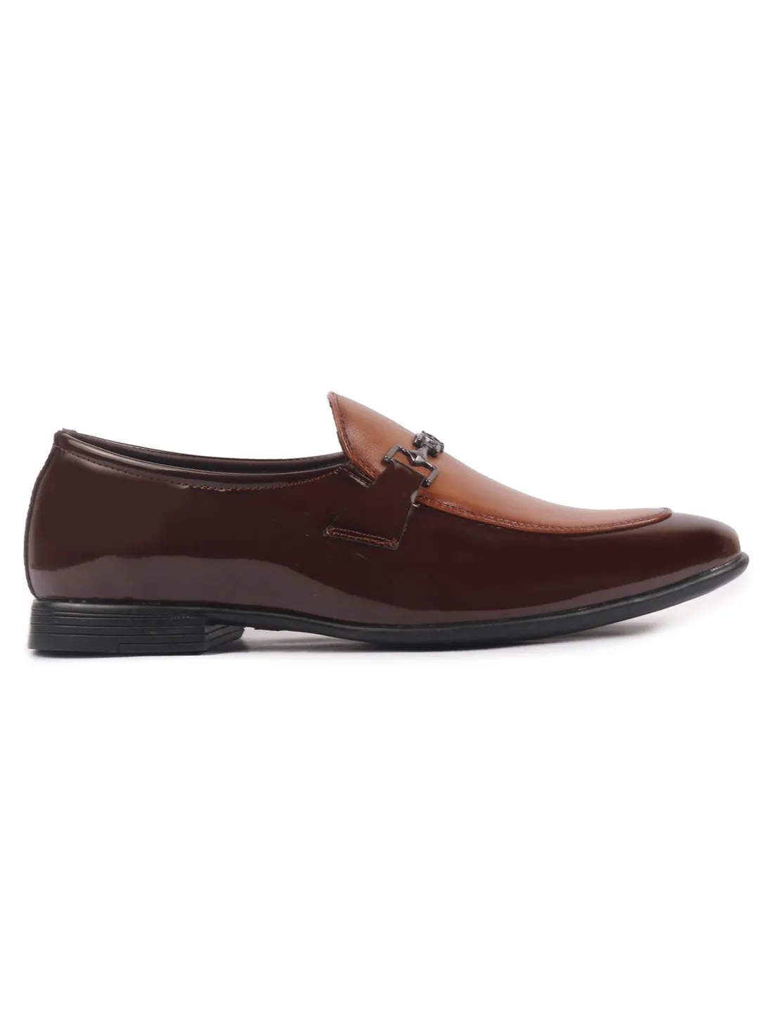 Men Brown Patent Leather Horsebit Buckle Party Formal Slip On Shoes|Tuxedo Slip On Shoe with Comfort