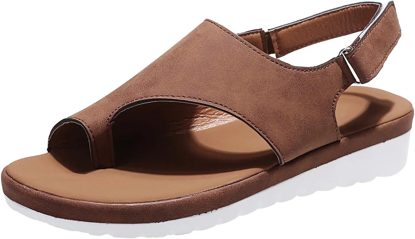 oiangi Sandals Women Dressy Summer Flat Arch Support Toe Ring Flip Flops Solid Comfortable Slingback Hook and Loop Slipper Outdoor Ladies Casual Shoes