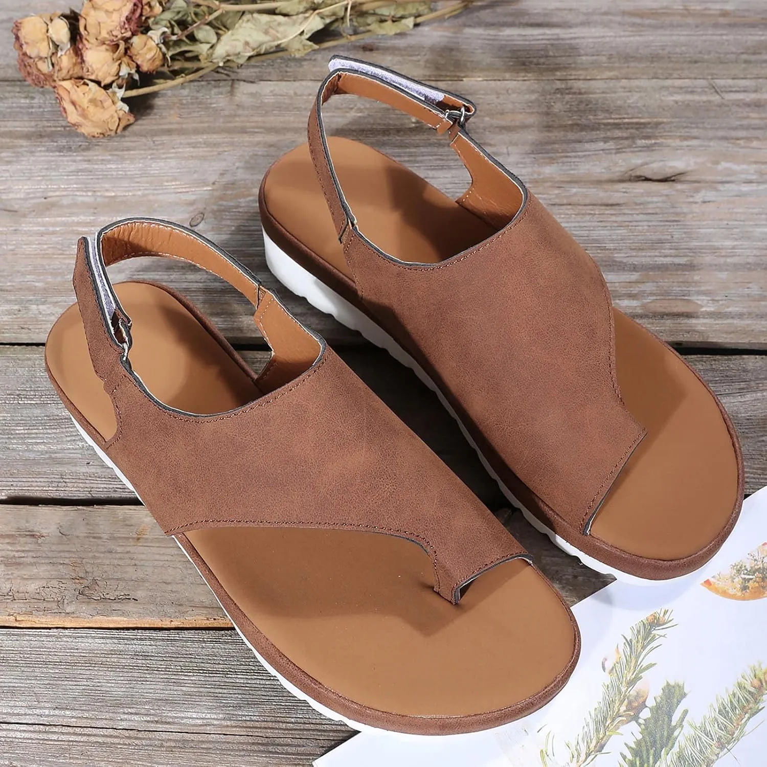 oiangi Sandals Women Dressy Summer Flat Arch Support Toe Ring Flip Flops Solid Comfortable Slingback Hook and Loop Slipper Outdoor Ladies Casual Shoes