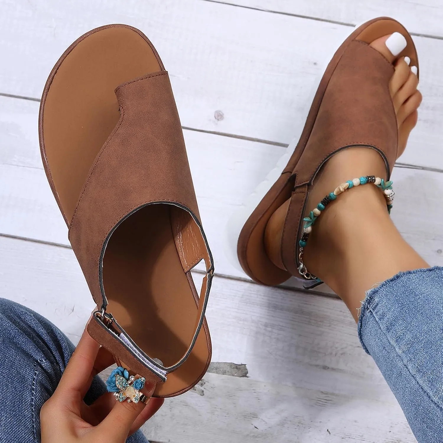 oiangi Sandals Women Dressy Summer Flat Arch Support Toe Ring Flip Flops Solid Comfortable Slingback Hook and Loop Slipper Outdoor Ladies Casual Shoes