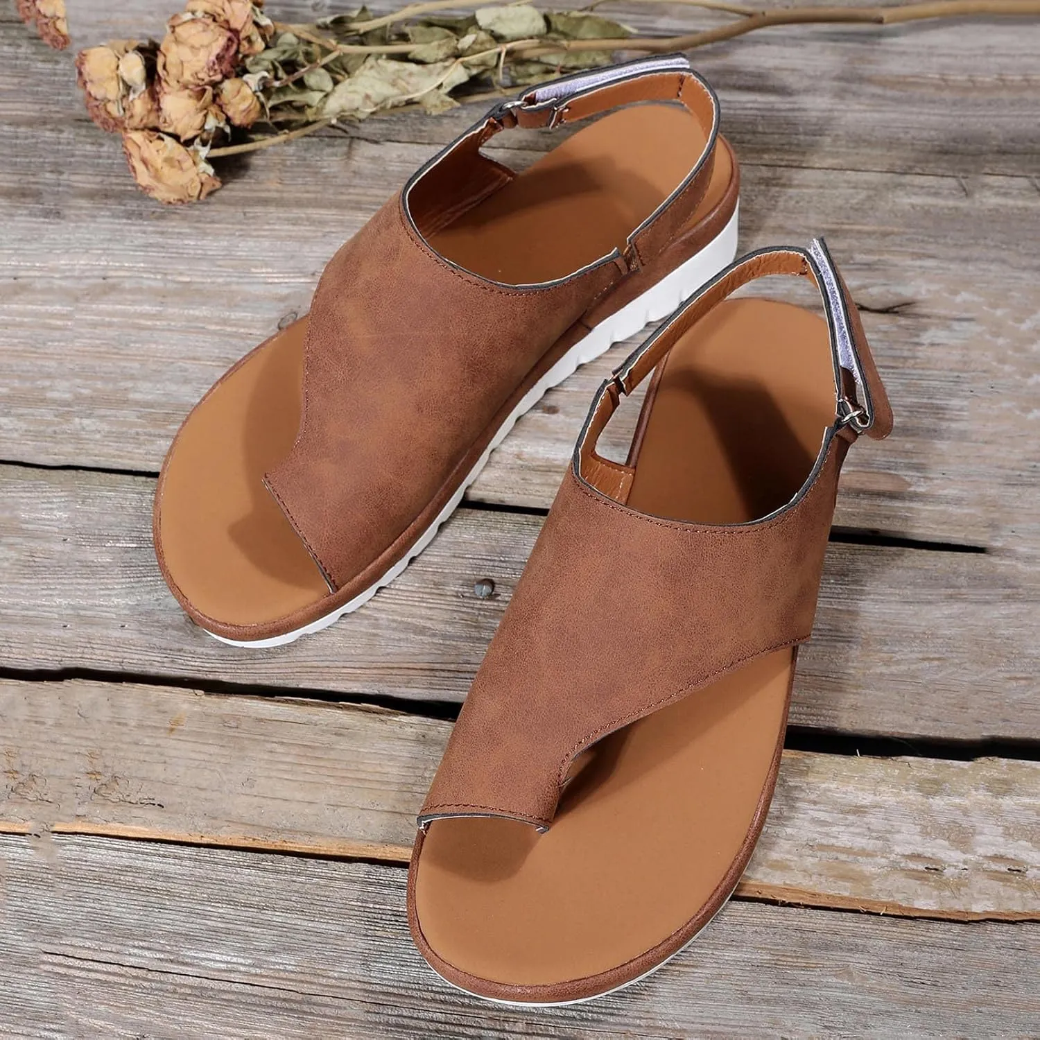 oiangi Sandals Women Dressy Summer Flat Arch Support Toe Ring Flip Flops Solid Comfortable Slingback Hook and Loop Slipper Outdoor Ladies Casual Shoes