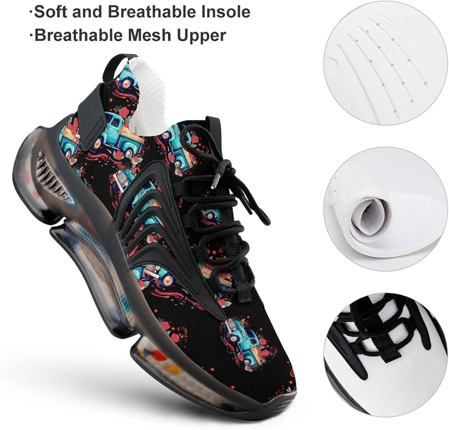 Red Rose Truck Mens Sneakers Running Shoes Lightweight Athletic Shoes for Jogging Walking Gym