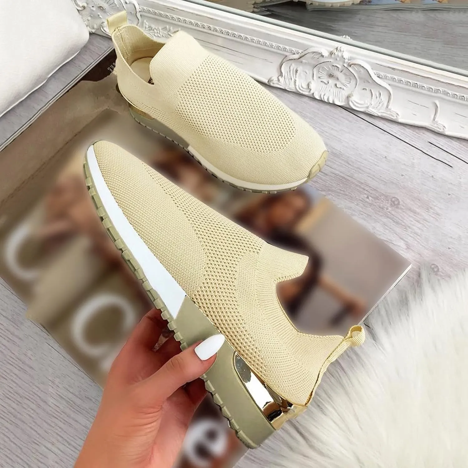 SBGMoSJ Sneakers for Women Women Slip On Sneakers Memory Foam Black Sneakers for Women Comfortable Wide Women Diabetic Walking Sneakers Size 10 Women's Comfortable Working Nurse Shoes Non-Slip