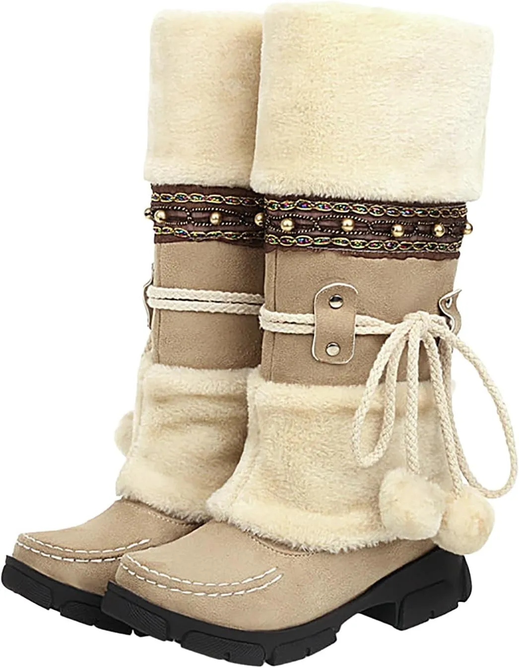 Women Snow Boots, Mid Calf Warm Insulated Faux Fur Lined Waterproof Lace Up Snow Boots Warm Fur Lined Winter Water-Resistan Ankle Booties Zipper Anti-Slip Boots