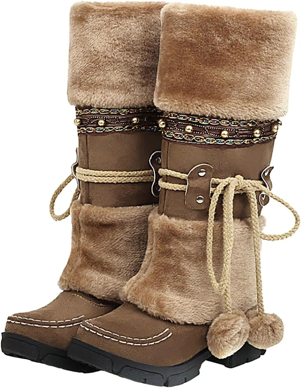 Women Snow Boots, Mid Calf Warm Insulated Faux Fur Lined Waterproof Lace Up Snow Boots Warm Fur Lined Winter Water-Resistan Ankle Booties Zipper Anti-Slip Boots