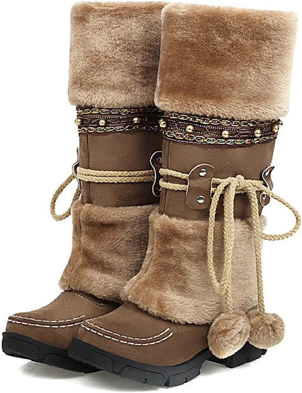 Women Snow Boots, Mid Calf Warm Insulated Faux Fur Lined Waterproof Lace Up Snow Boots Warm Fur Lined Winter Water-Resistan Ankle Booties Zipper Anti-Slip Boots