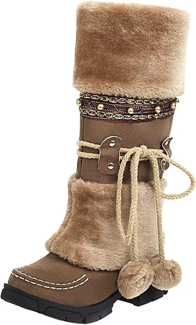 Women Snow Boots, Mid Calf Warm Insulated Faux Fur Lined Waterproof Lace Up Snow Boots Warm Fur Lined Winter Water-Resistan Ankle Booties Zipper Anti-Slip Boots
