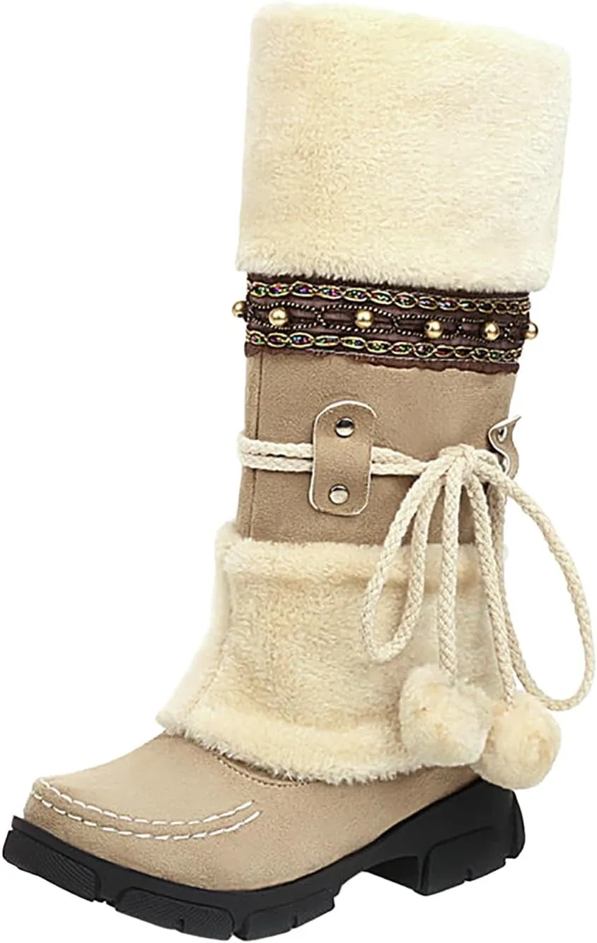 Women Snow Boots, Mid Calf Warm Insulated Faux Fur Lined Waterproof Lace Up Snow Boots Warm Fur Lined Winter Water-Resistan Ankle Booties Zipper Anti-Slip Boots