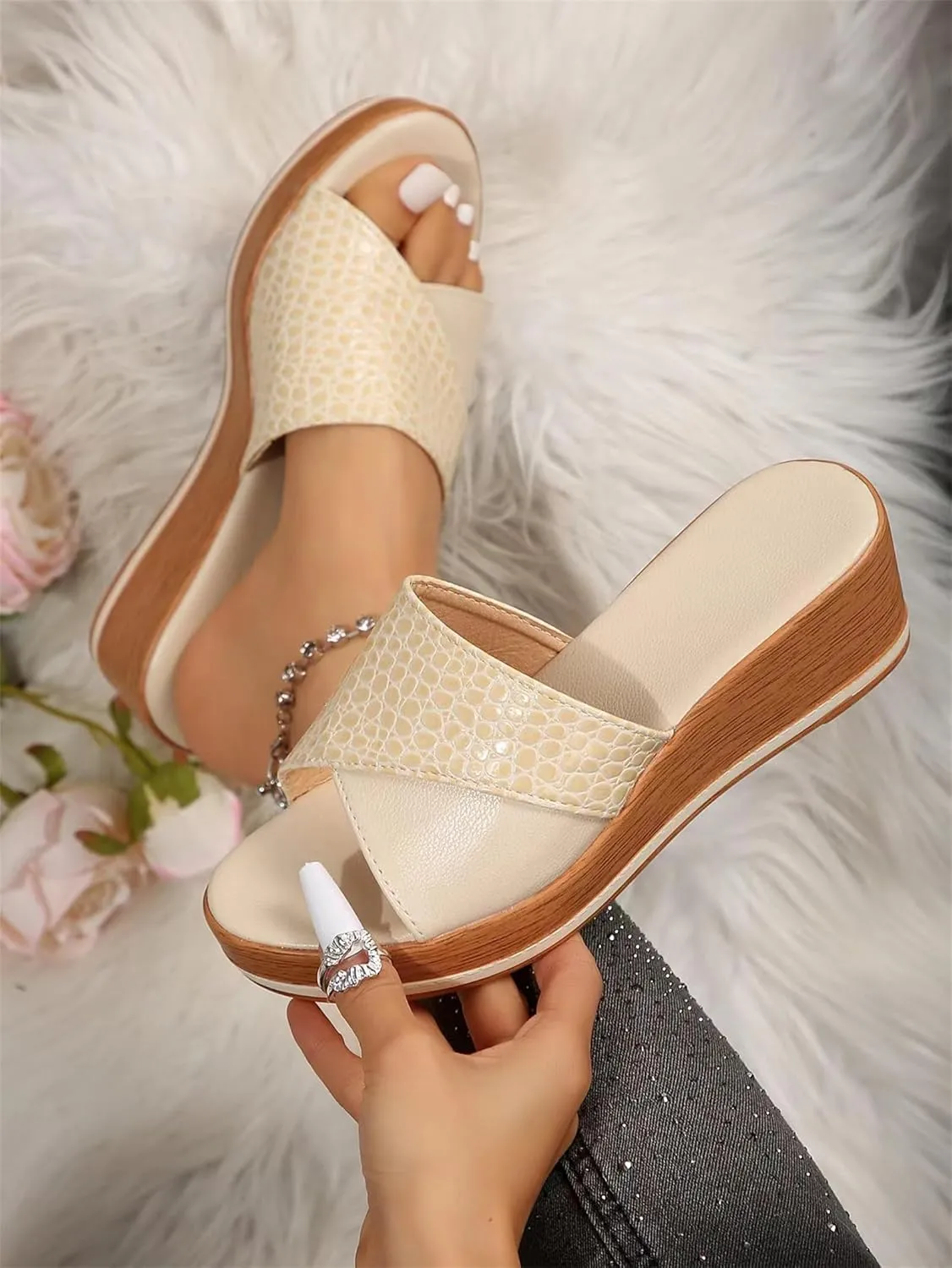Womens Platform Wedge Sandals Dressy Hollow Out Open Toe Platform Sandals Comfortable Slip on Slippers Summer Going Out Shoes